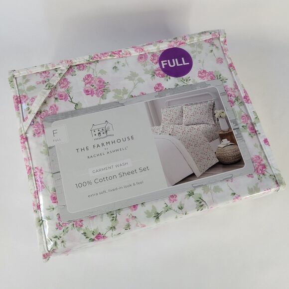 R Ashwell Farmhouse Shabby Chic FULL Sheet Set 4p White Pink Green Floral Cotton - Picture 1 of 13
